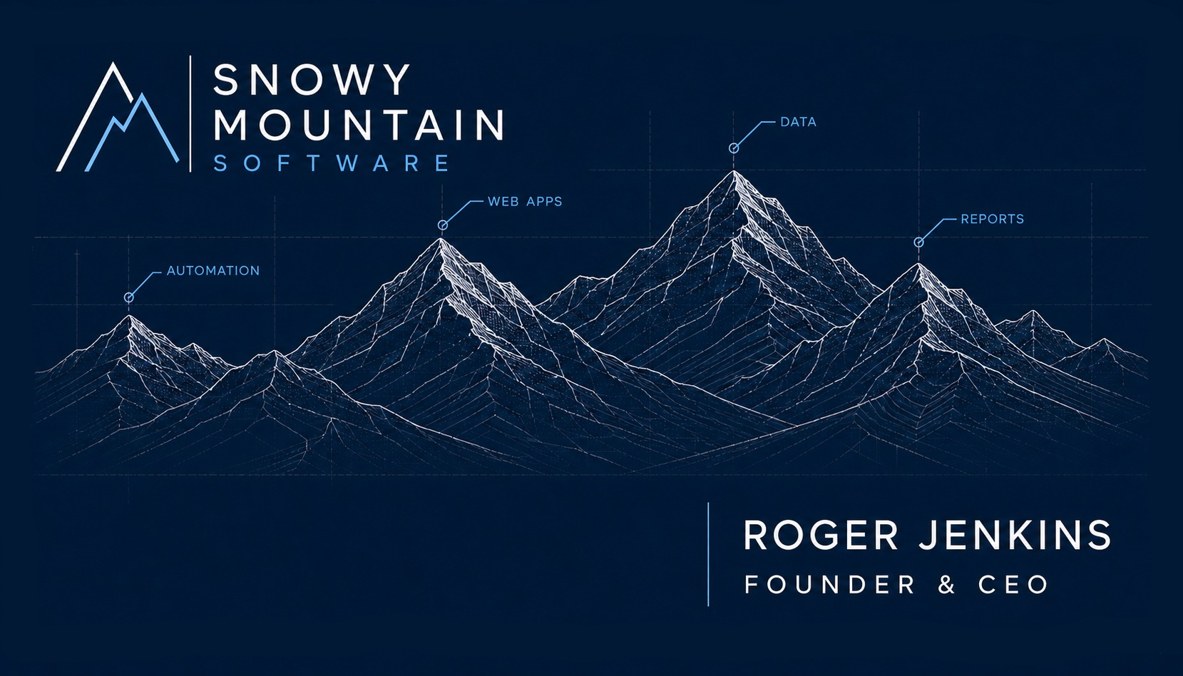 Front of Roger Jenkins business card -- Snowy Mountain Software logo with annotated mountain peaks for Automation, Web Apps, Data, and Reports